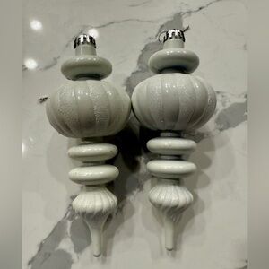 Set of two white sparkly shatterproof plastic Christmas tree ornaments 9”